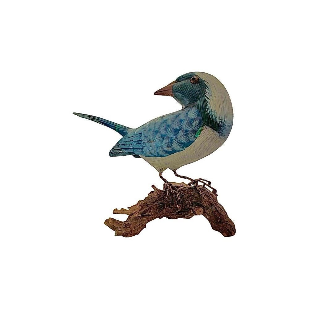 Bird Sculpture on Driftwood Base Hand Carved Blue Jay Figurine Vintage Decor